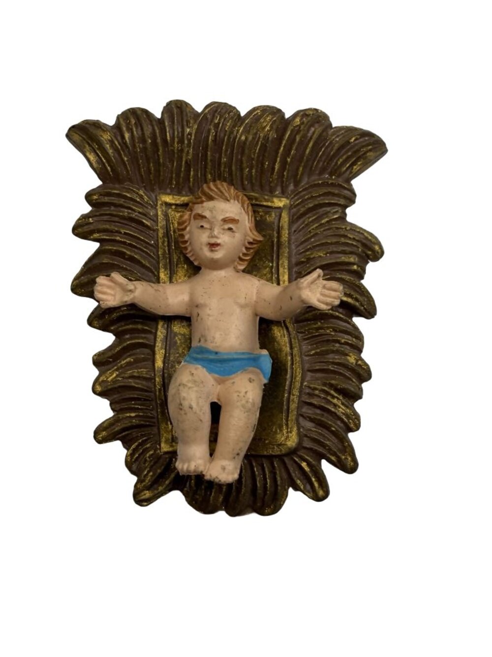 Vintage Baby Jesus in Manger Italy Plastic Nativity Figurine Blue Cloth 1960s